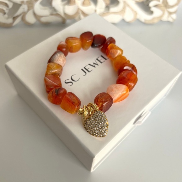 Gemstone Bracelet | Handcrafted Orange Agate | 14k Gold Plated Luxury Jewelry - Picture 4 of 8